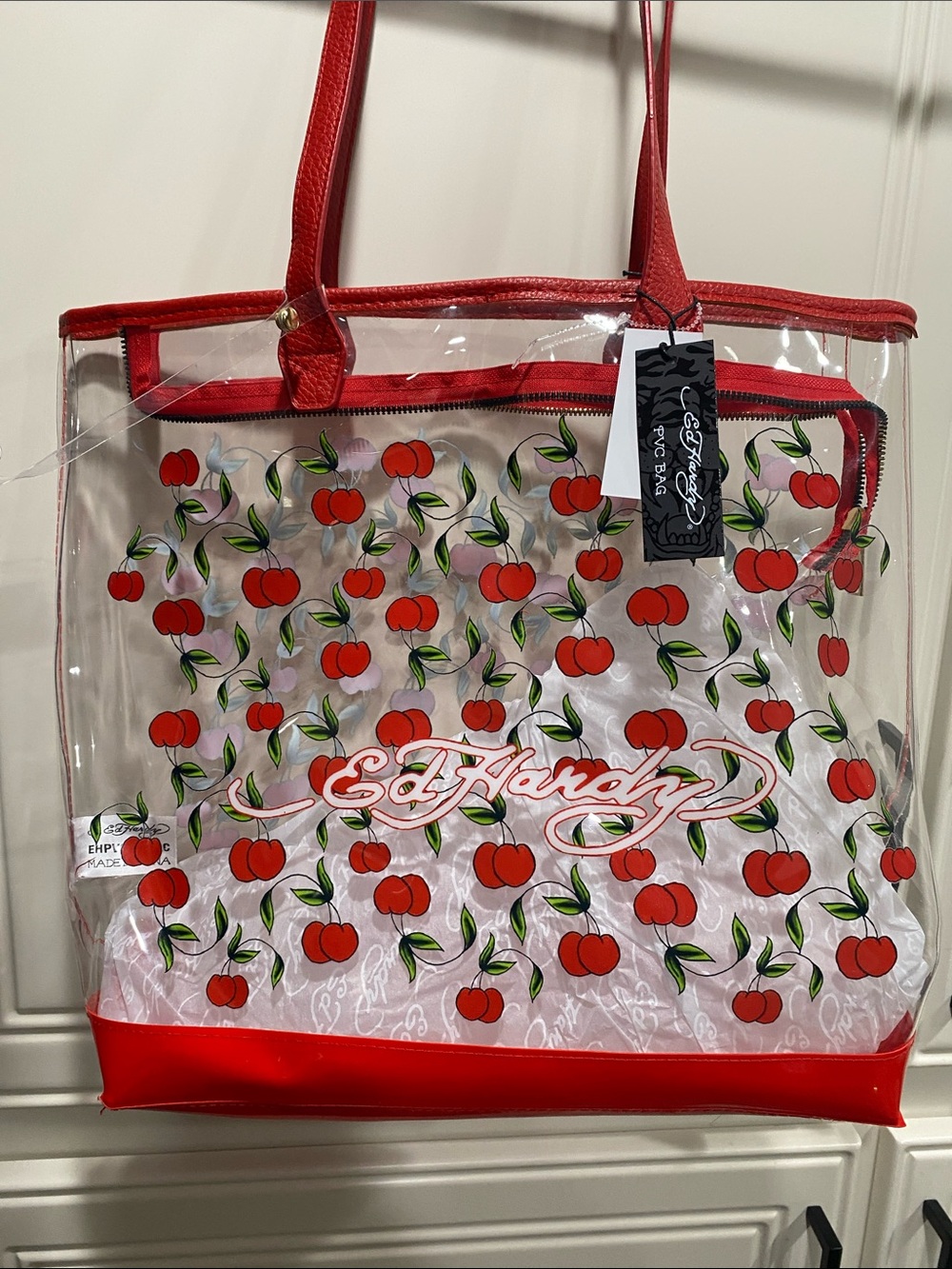 NWT ed hardy cherries pvc tote beach bag purse clear - Picture 2 of 5